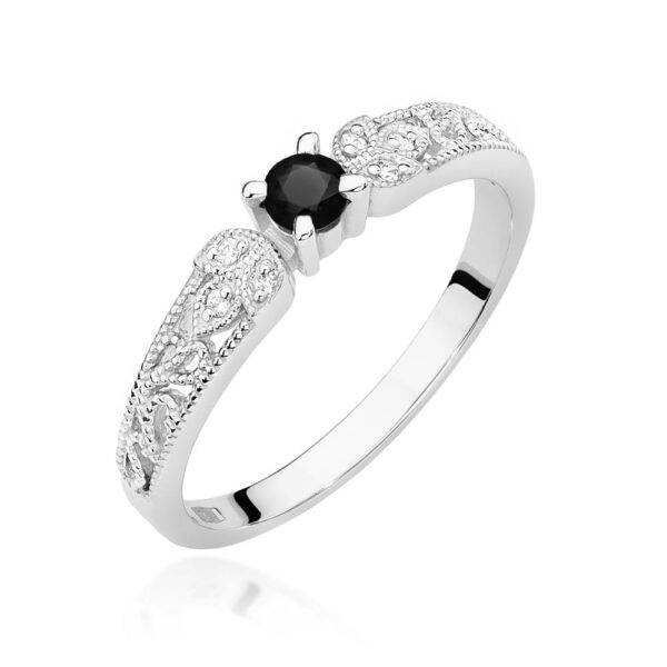 Pierścionek Czarny Diament 0,12ct białe złoto 375